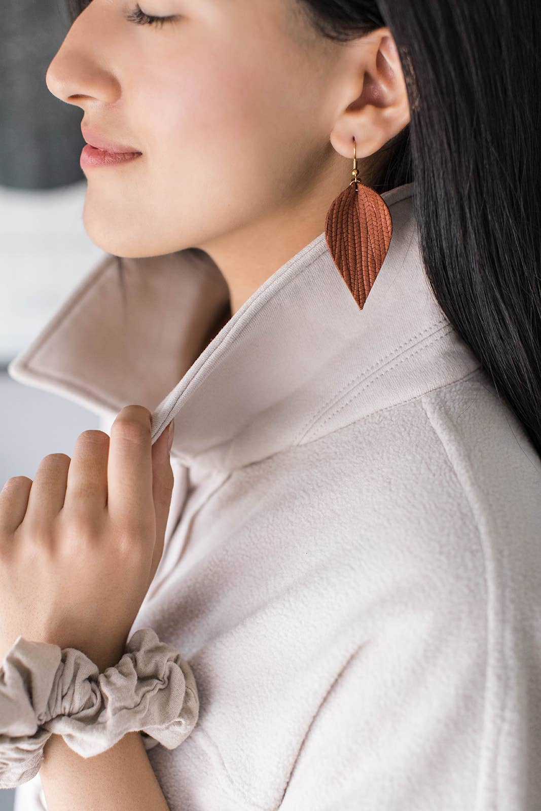 Cinnamon Textured Leather Leaf Earrings