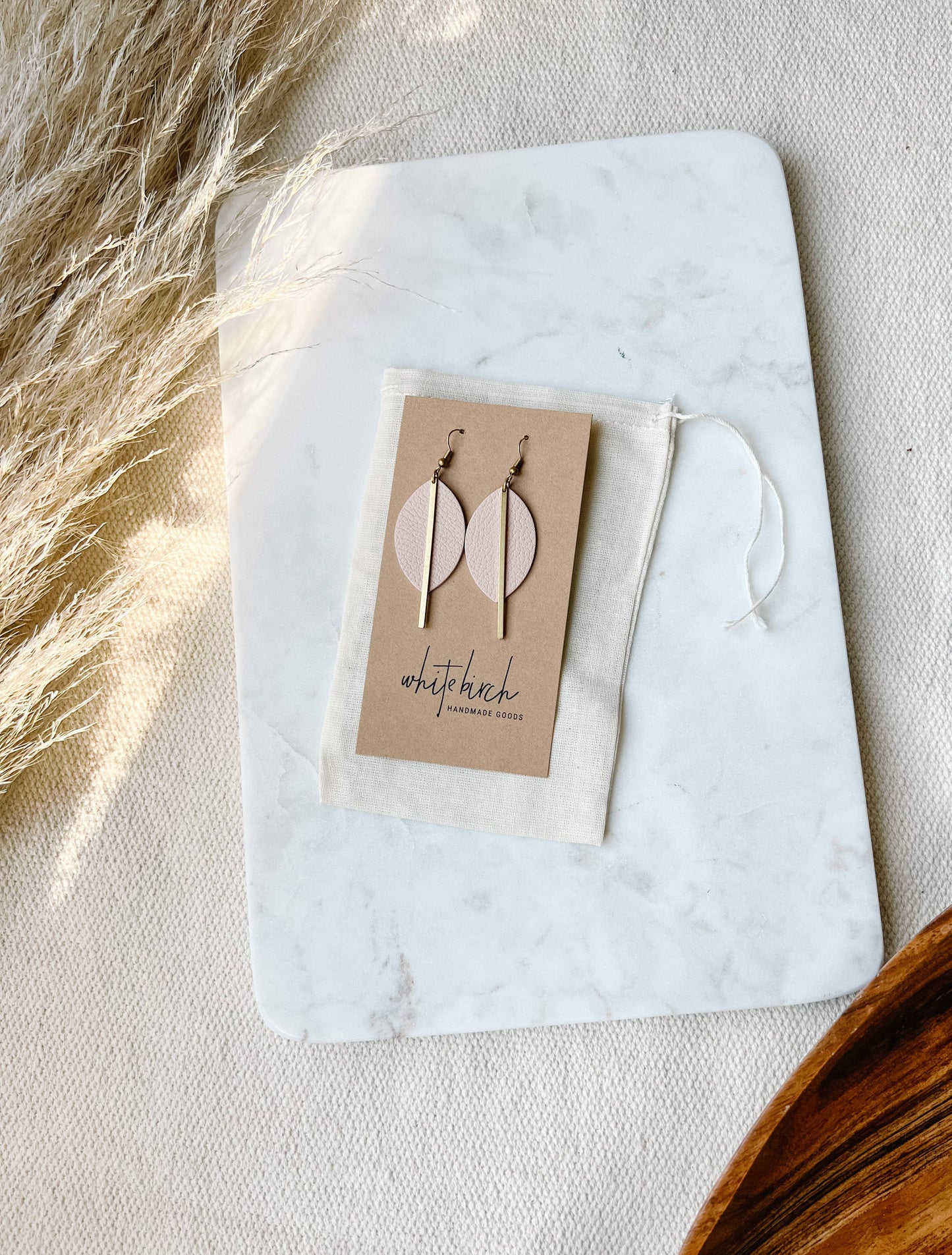 Blush Pink Petal Leather and Brass Bar Earrings
