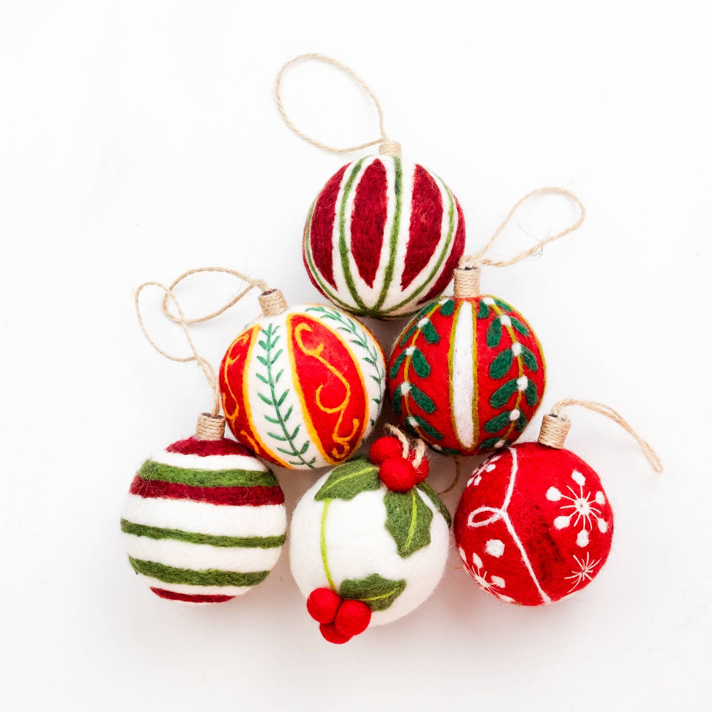 Ornament - Holiday Felt Ball Hand Embroidered - Red Assorted