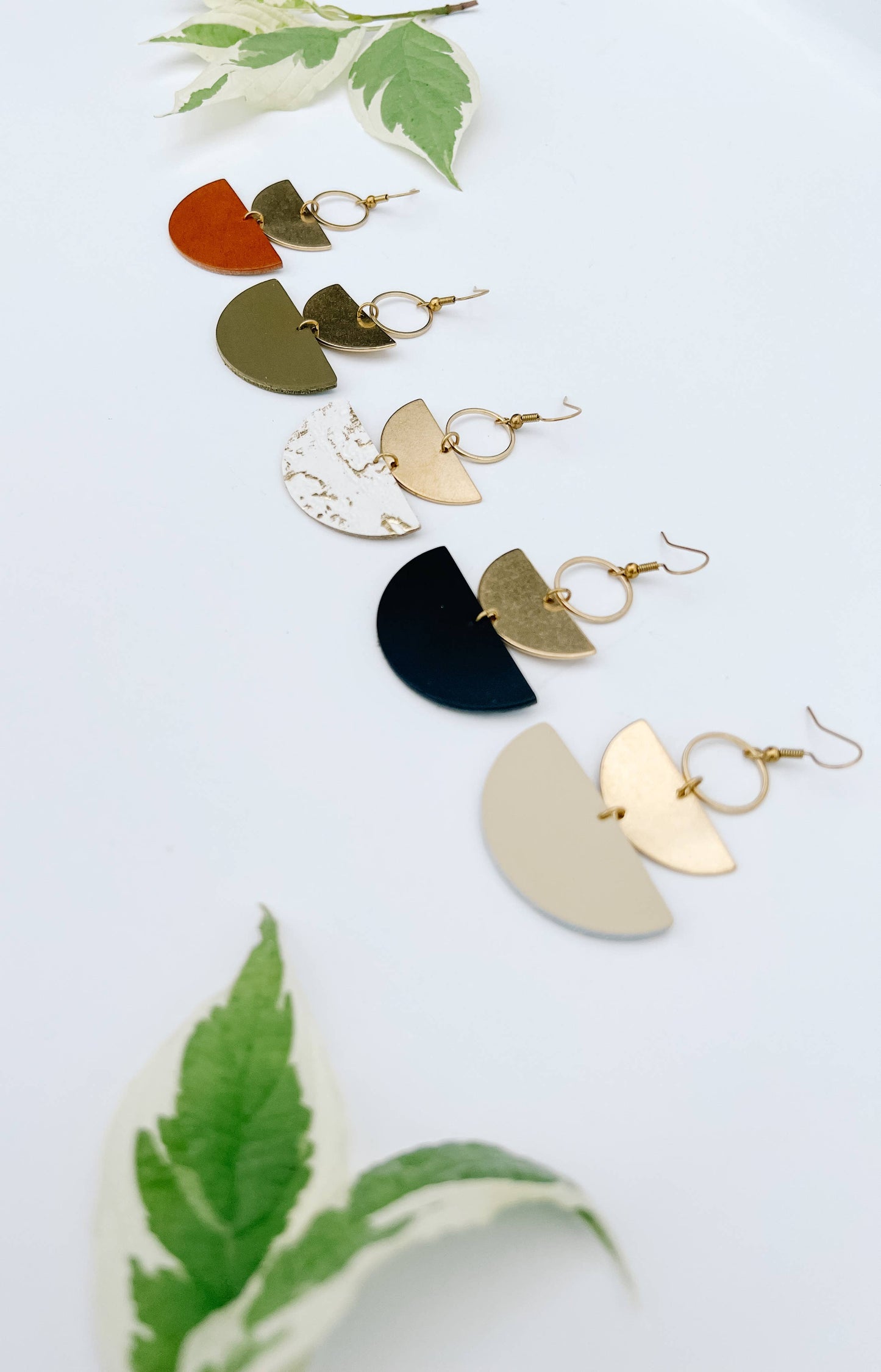 Army Green Leather & Brass Stacked Half Moon Dangle Earrings