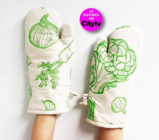 Natural Cotton Oven Mitts - Vegetable Pattern