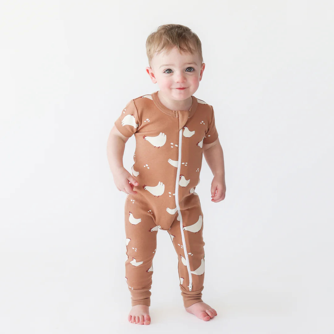 Short Sleeve Zip Romper - Chickens