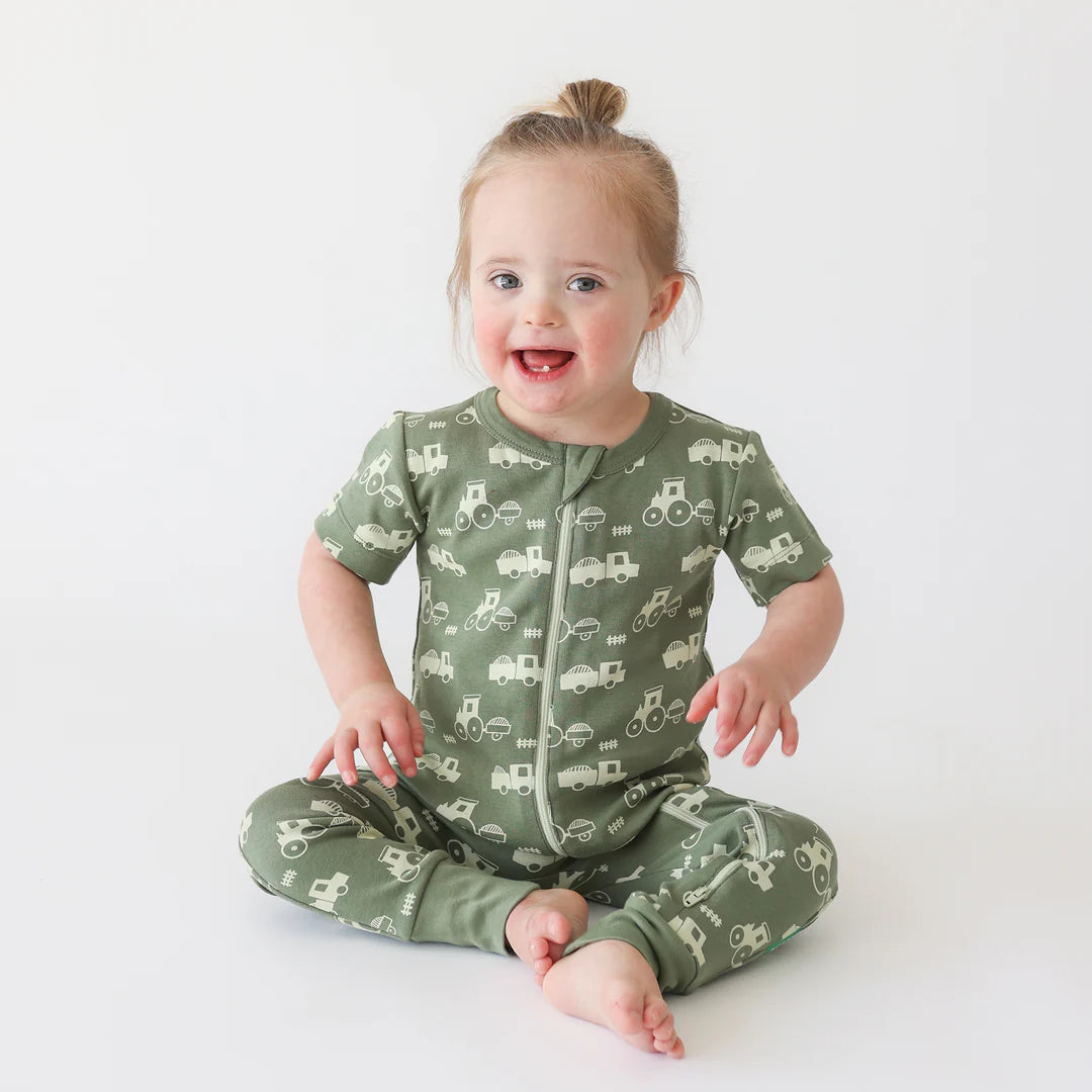 Short Sleeve Zip Romper - Tractors