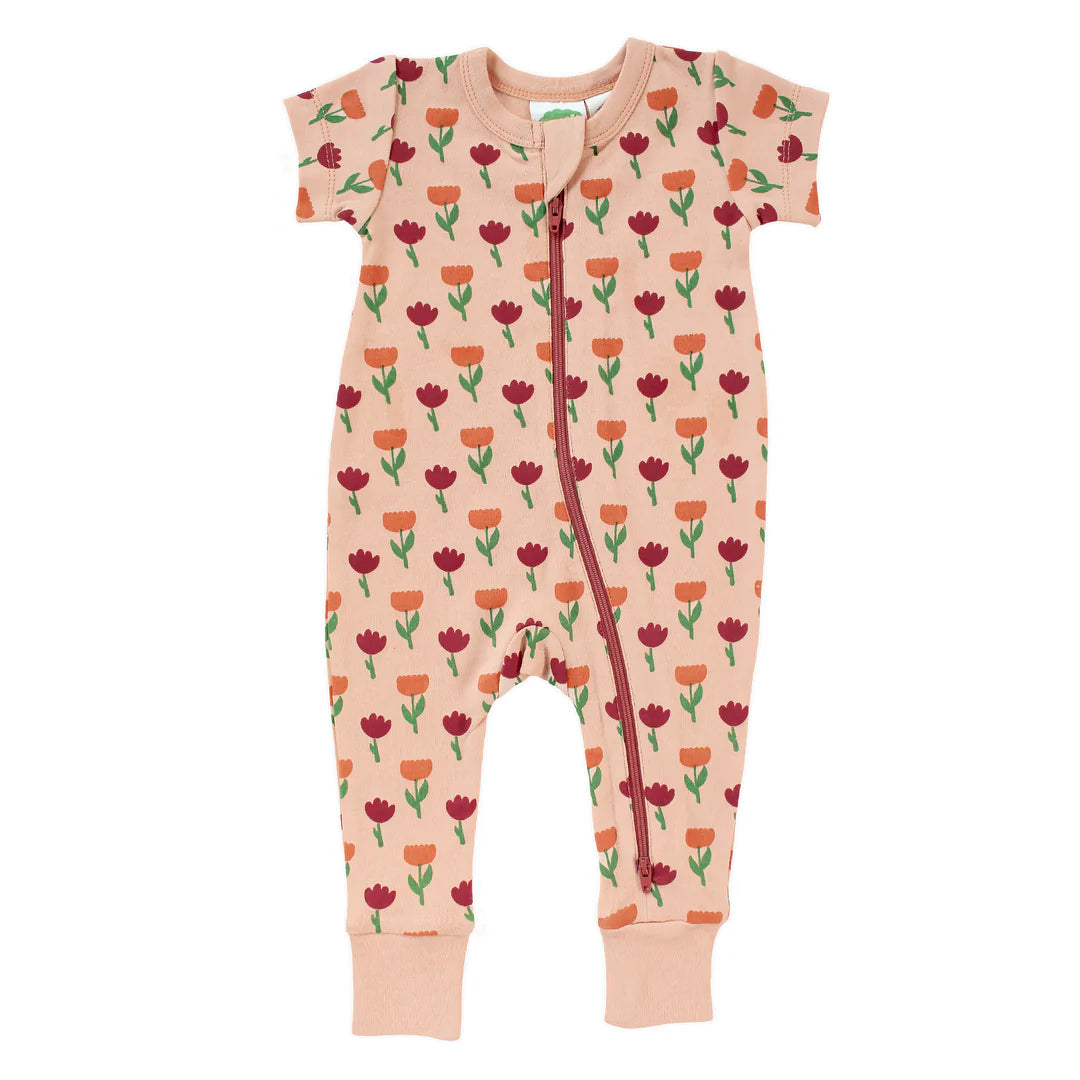 Short Sleeve Zip Romper - Tulips