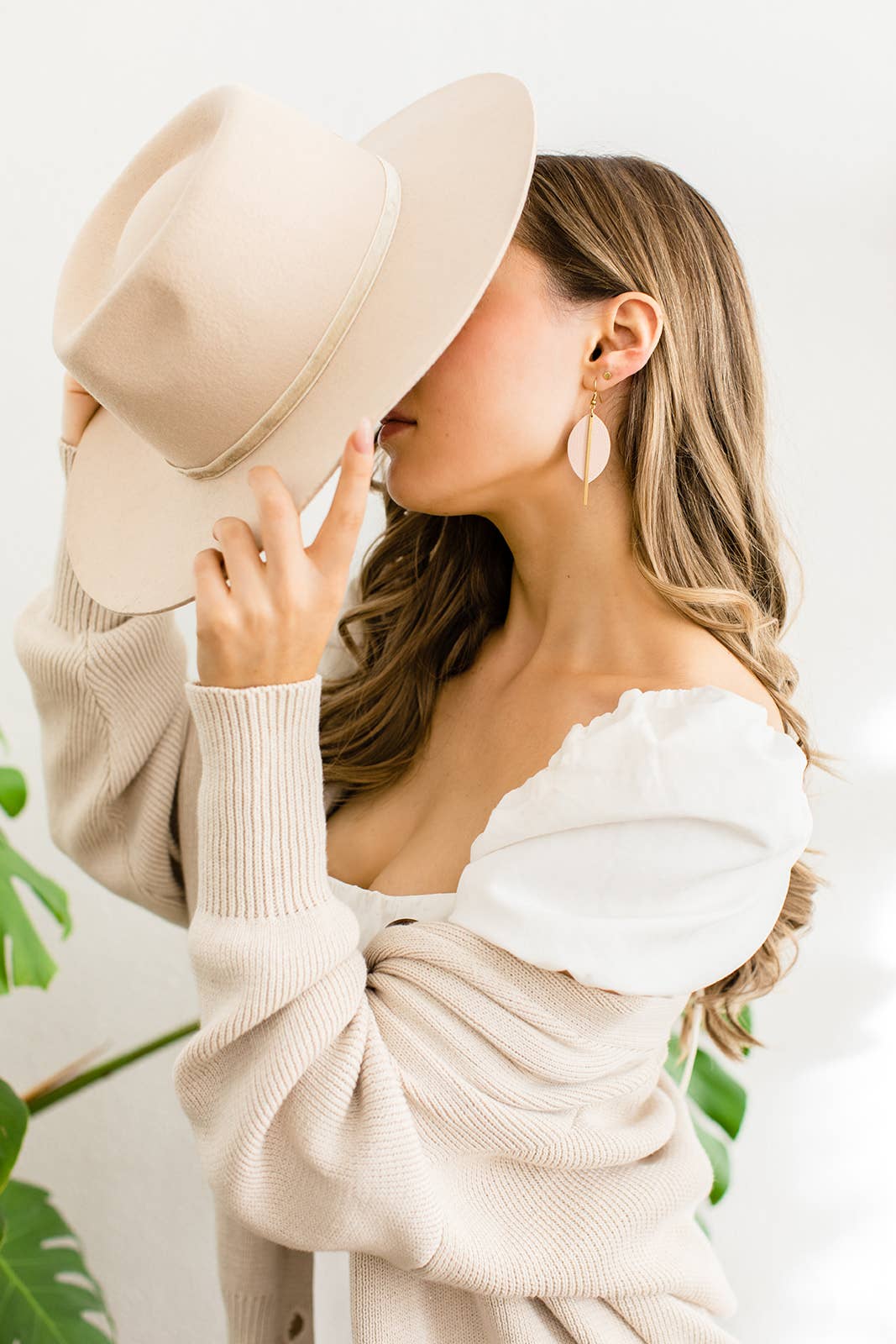 Blush Pink Petal Leather and Brass Bar Earrings