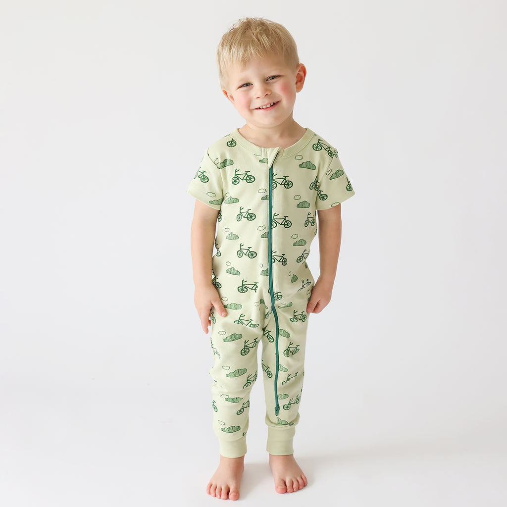 Short Sleeve Zip Romper - Bicycles