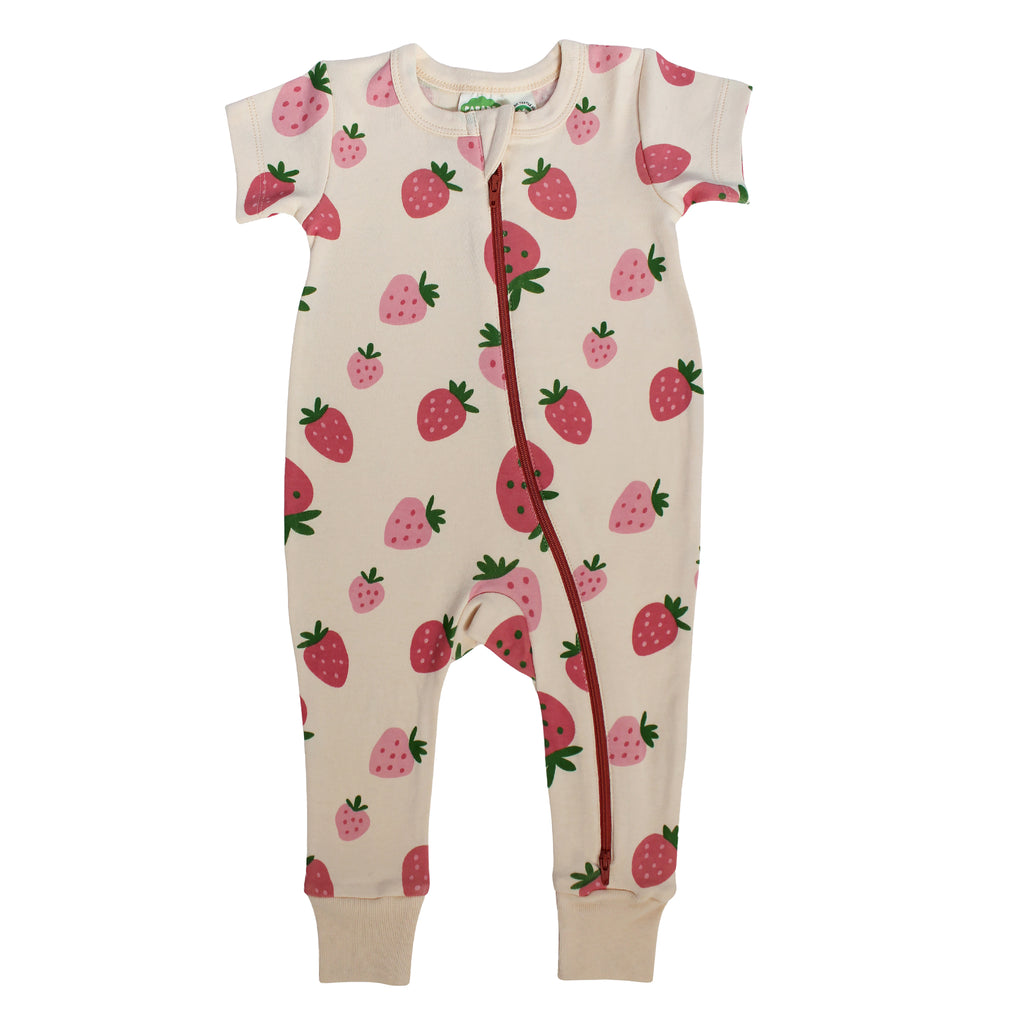Short Sleeve Zip Romper - Strawberries
