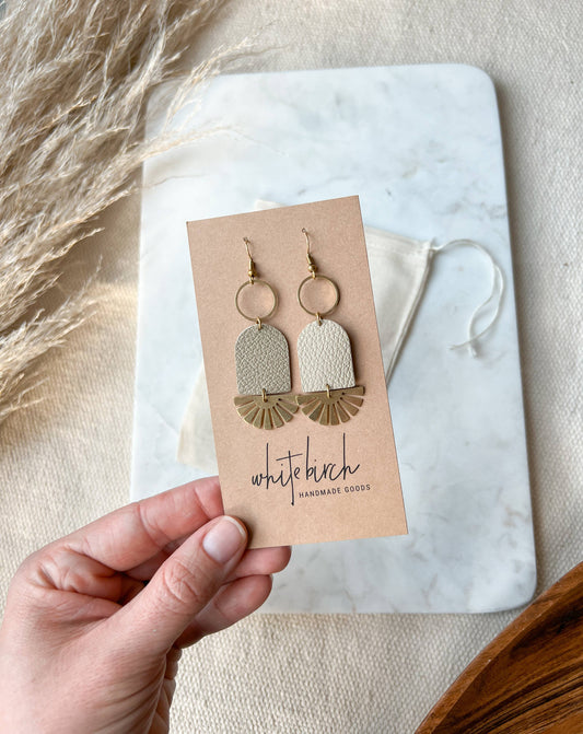 Clay Putty Tan Leather & Brass Sunburst Geometric Earrings