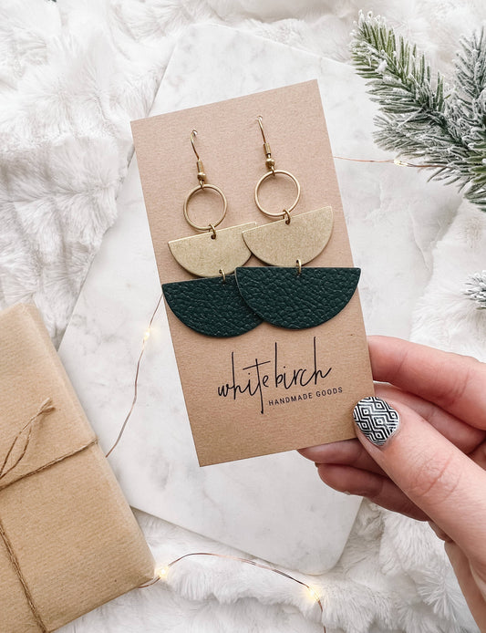 Dark Green Leather & Brass Stacked Half Moon Dangle Earrings