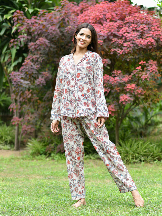 Printed Cotton Pajamas - Beige Floral