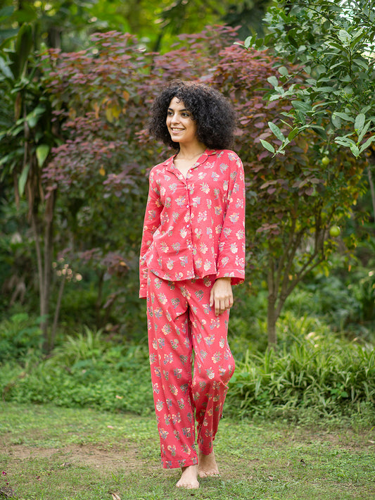 Printed Cotton Pajamas - Red Floral