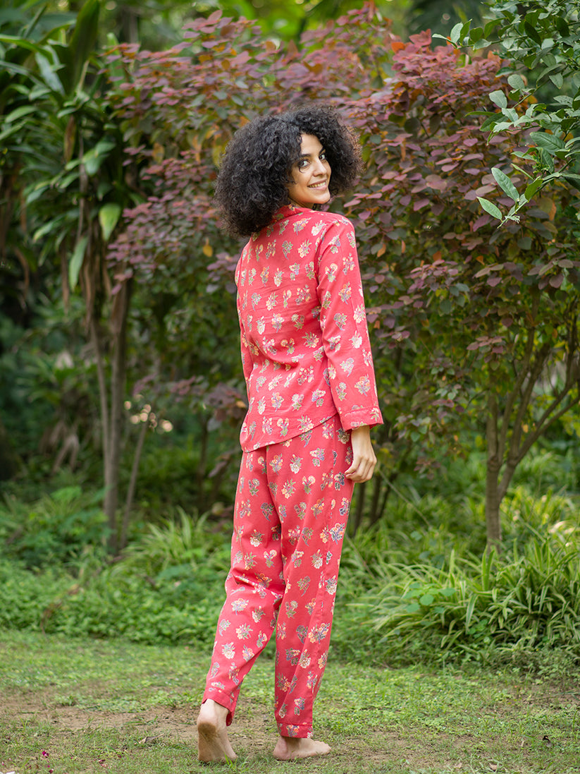 Printed Cotton Pajamas - Red Floral