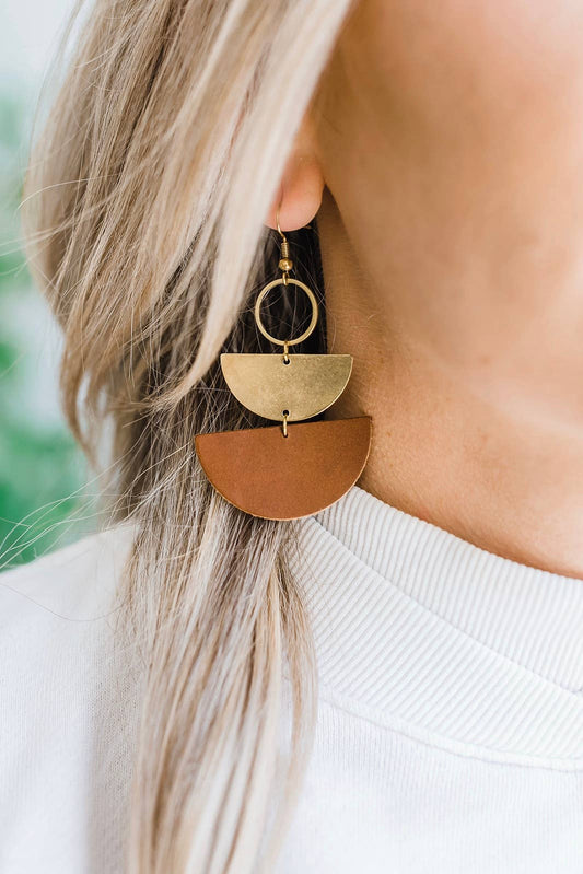 Brown Leather & Brass Stacked Half Moon Dangle Earrings