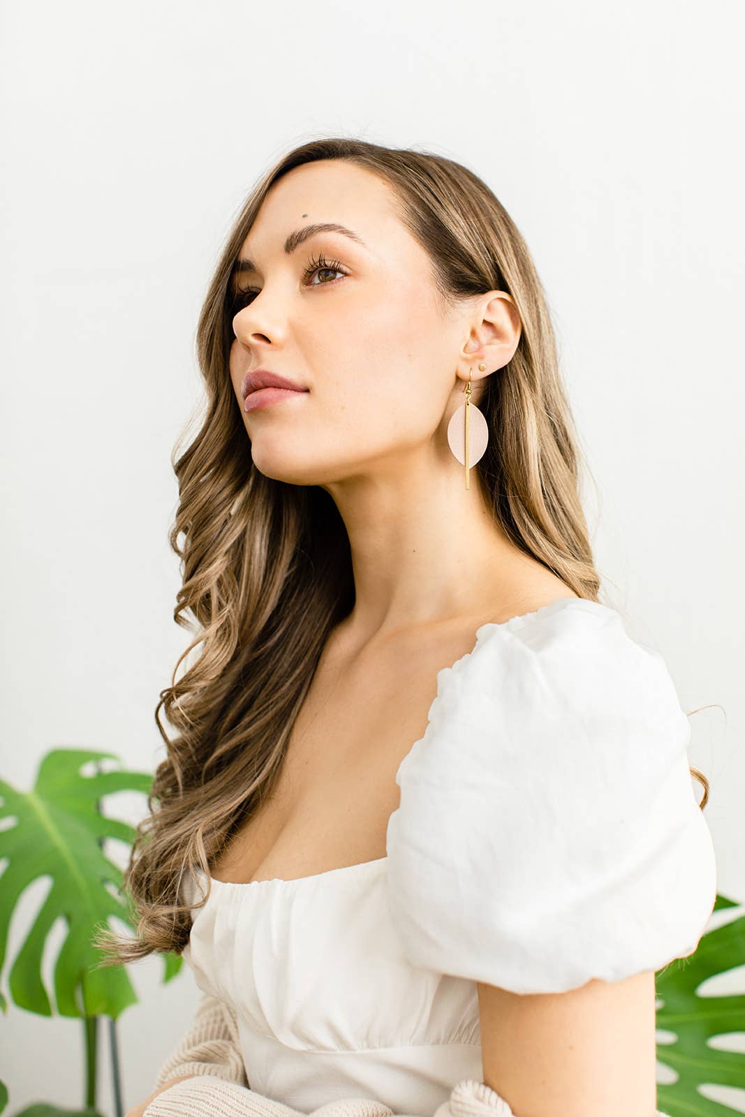 Blush Pink Petal Leather and Brass Bar Earrings