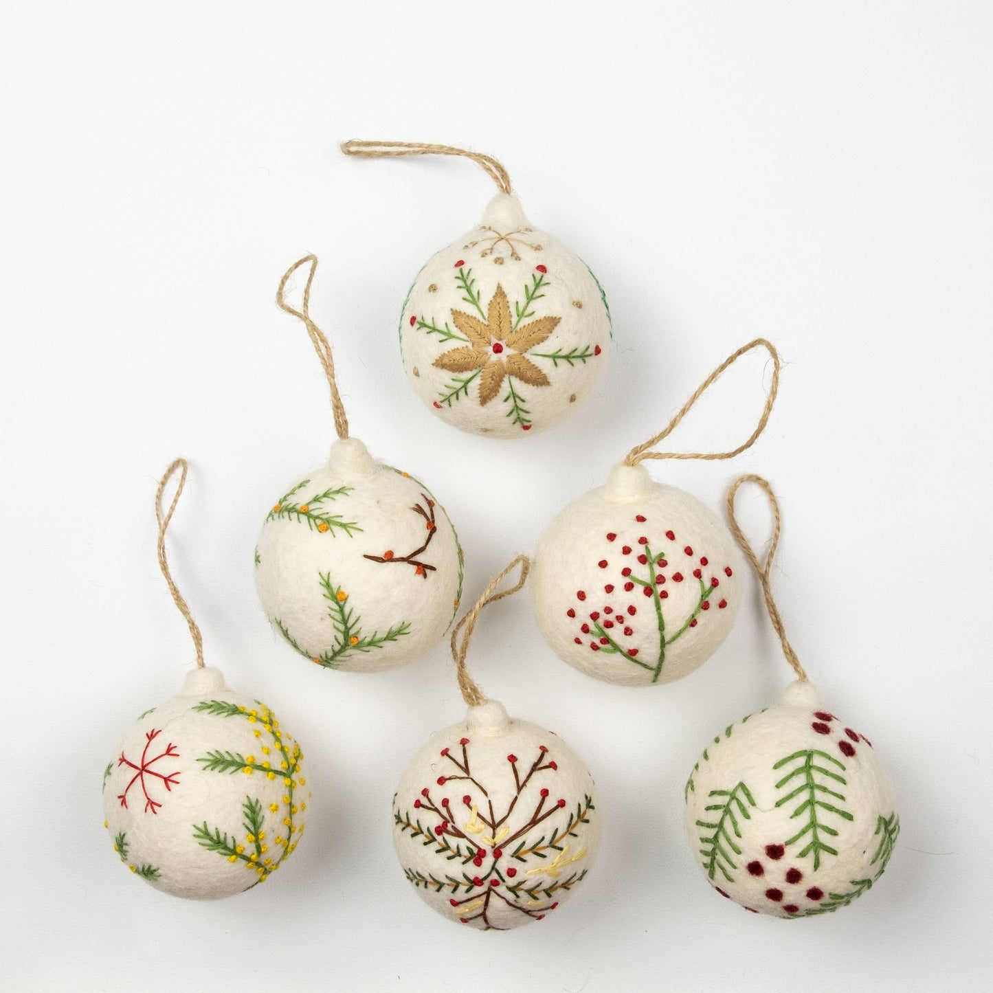 Holiday Felt Ball Ornament Hand Embroidered White Assorted