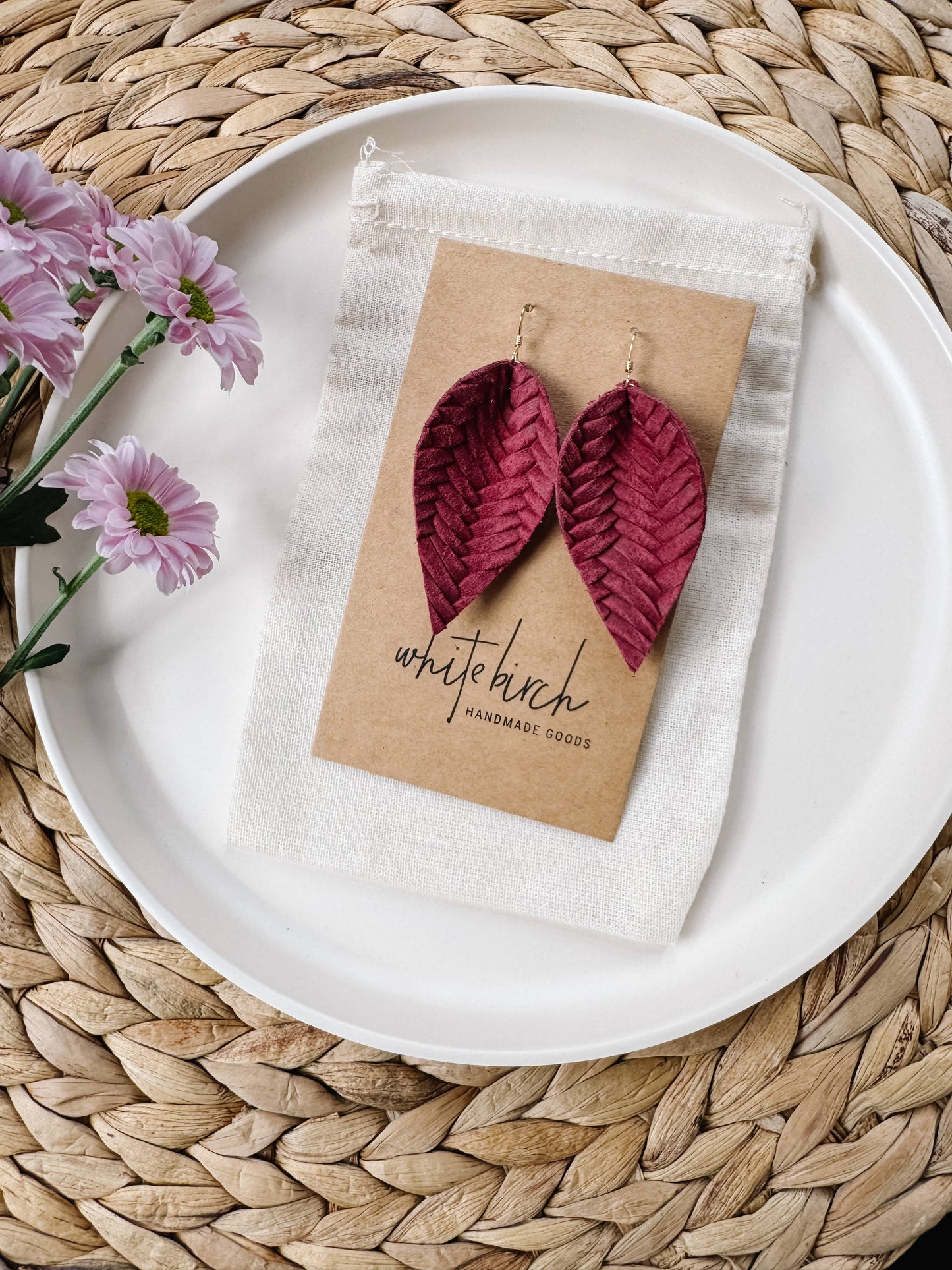 Raspberry Braided Leather Leaf Earrings