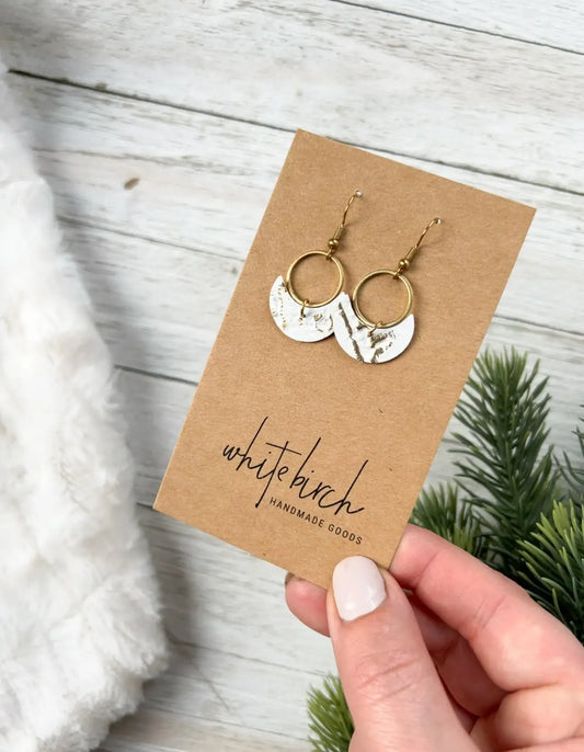 White and Gold Fleck Leather Small Crescent & Brass Ring Ear