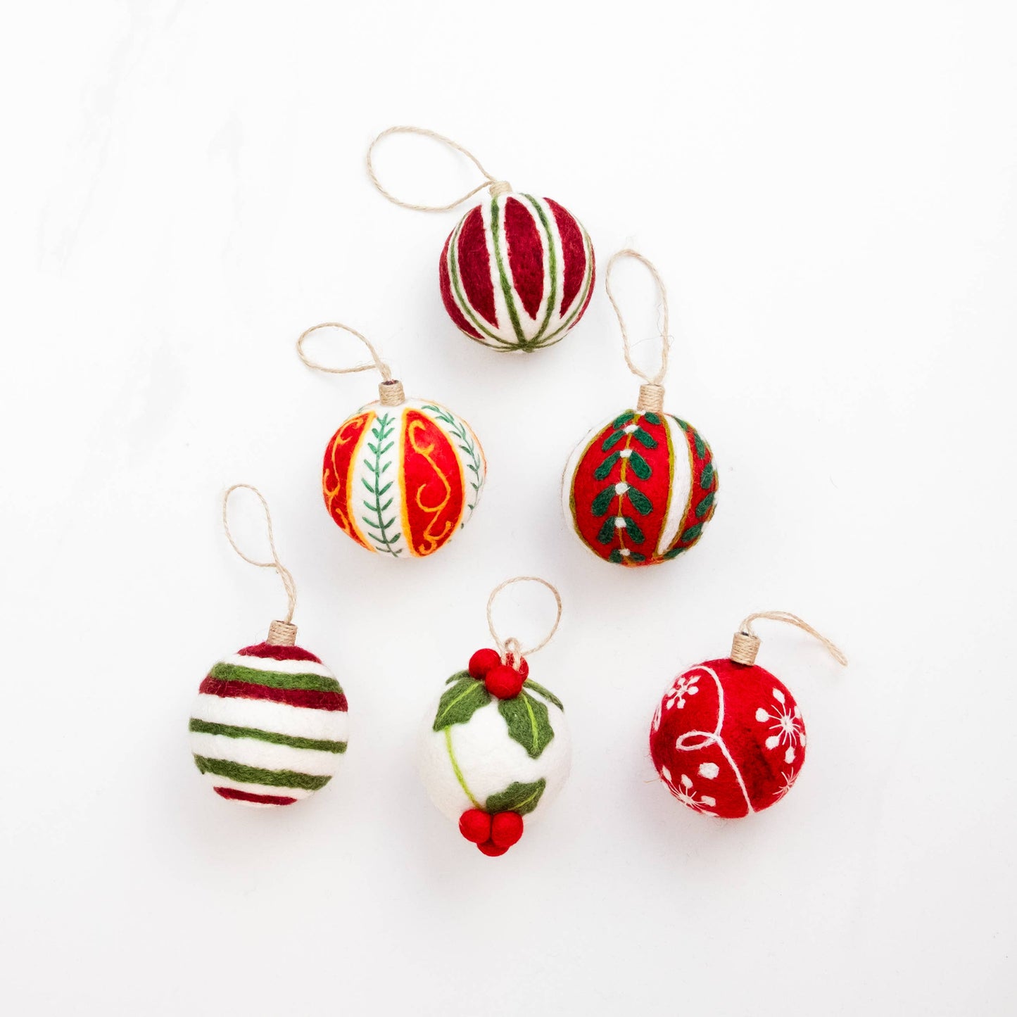 Ornament - Holiday Felt Ball Hand Embroidered - Red Assorted