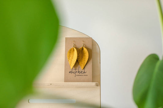 Goldenrod Yellow Braided Leather Leaf Earrings