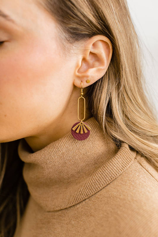 Burgundy Leather & Brass Sunburst Geometric Earrings