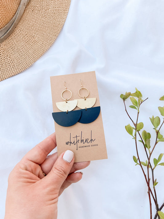 Black Leather & Brass Accent Half Moon Stacked Dangle Earrin