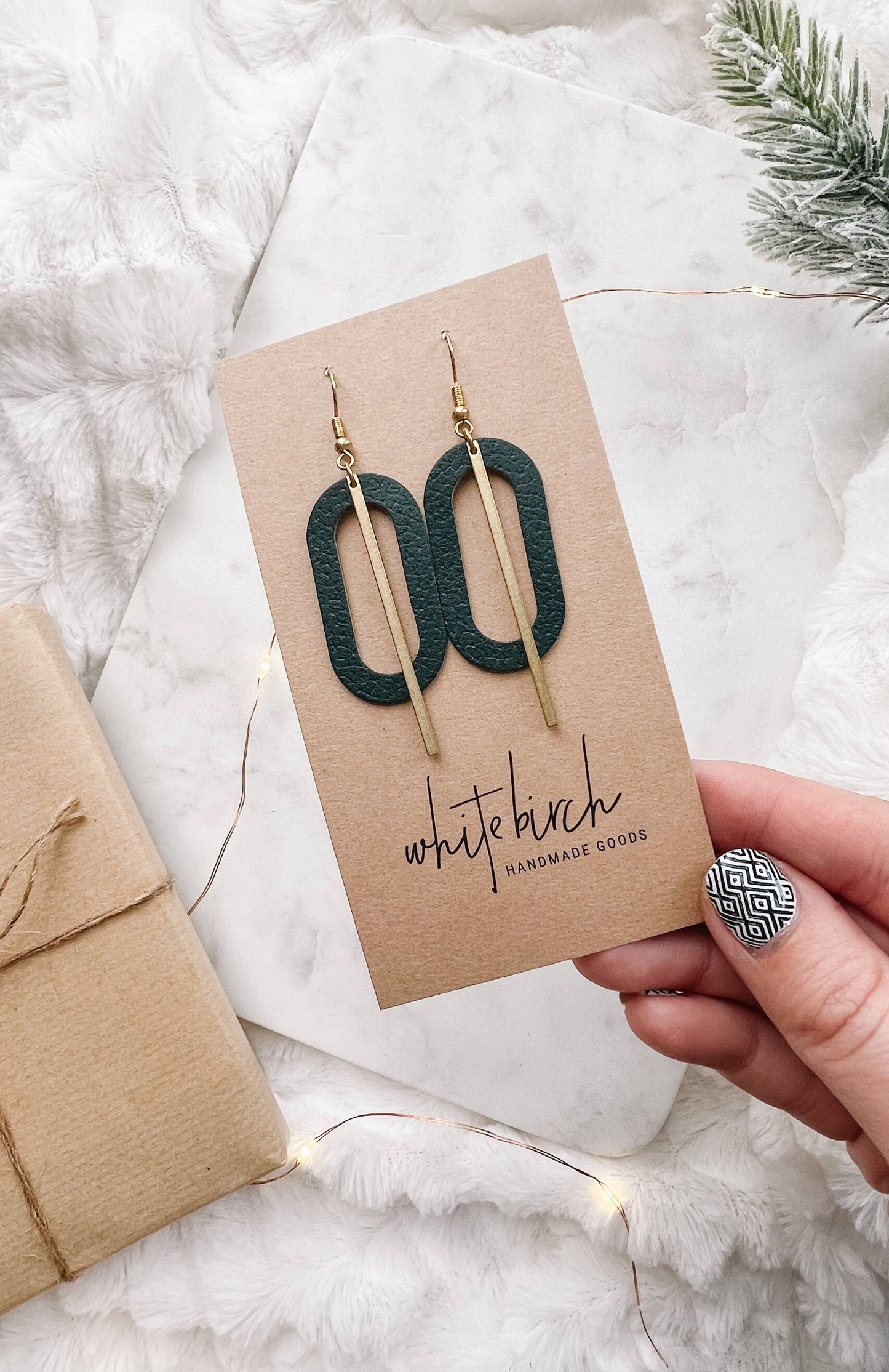 Dark Green Leather Oval & Brass Bar Geometric Earrings