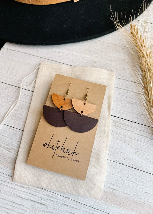 Rootbeer Leather & Light Cherry Wood Half Moon Earrings