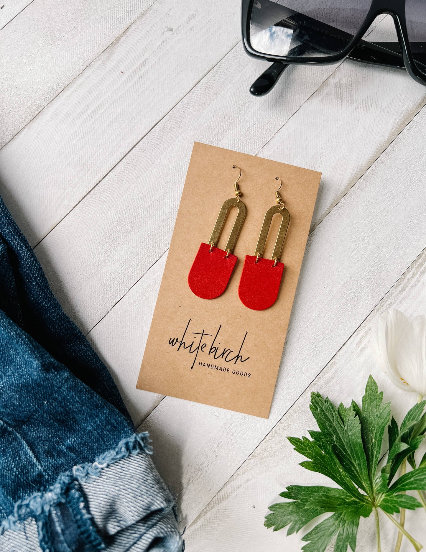 Red Leather & Brass Earrings