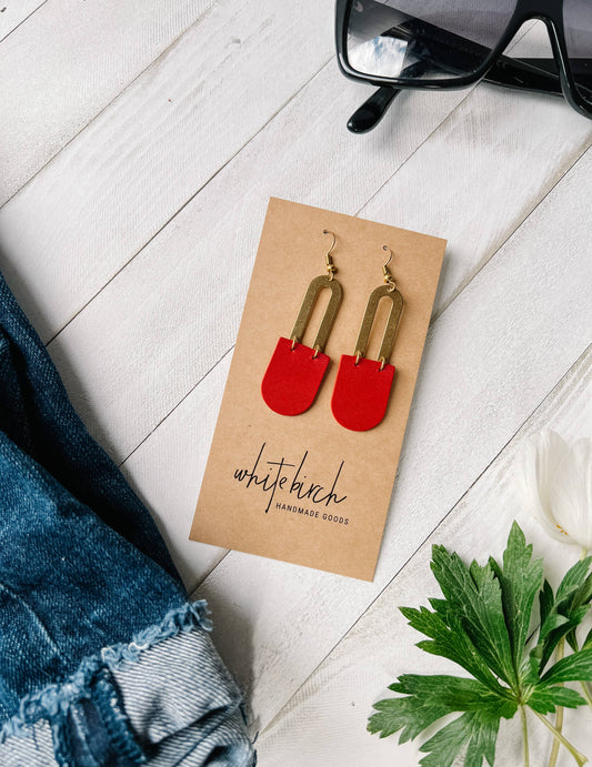 Red Leather & Brass Earrings
