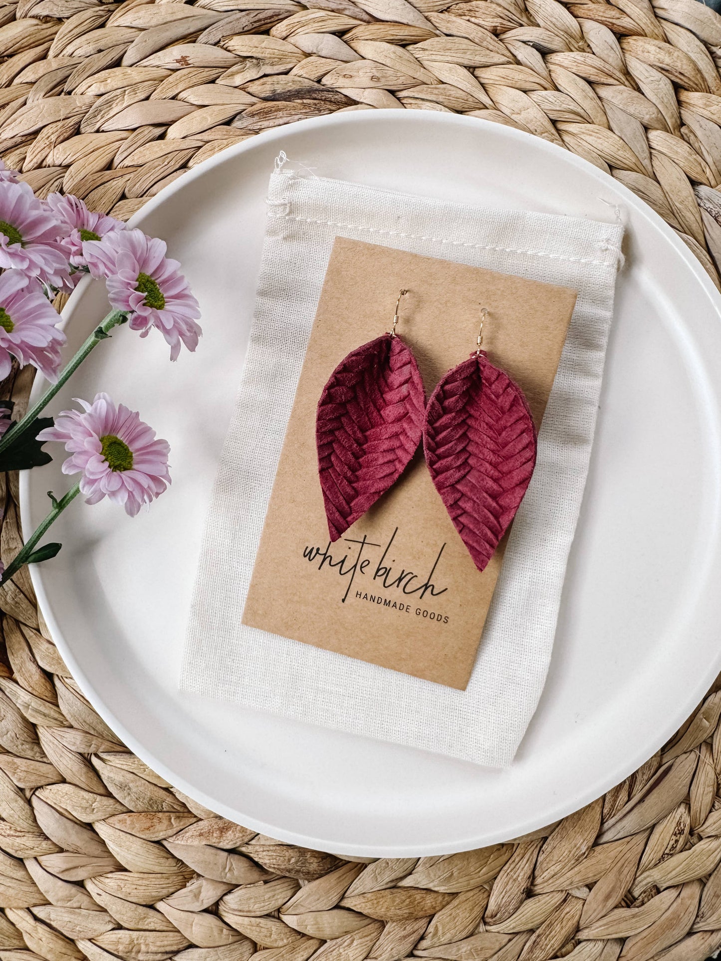 Raspberry Braided Leather Leaf Earrings