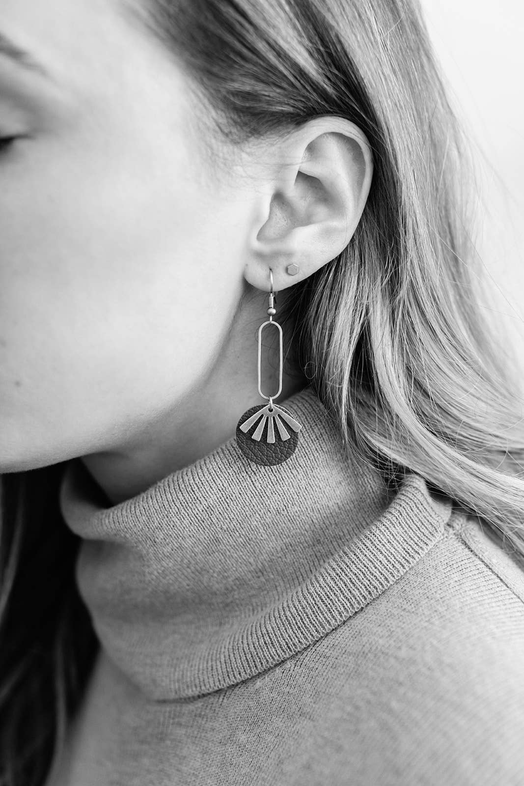 Blush Pink Leather & Brass Sunburst Geometric Earrings