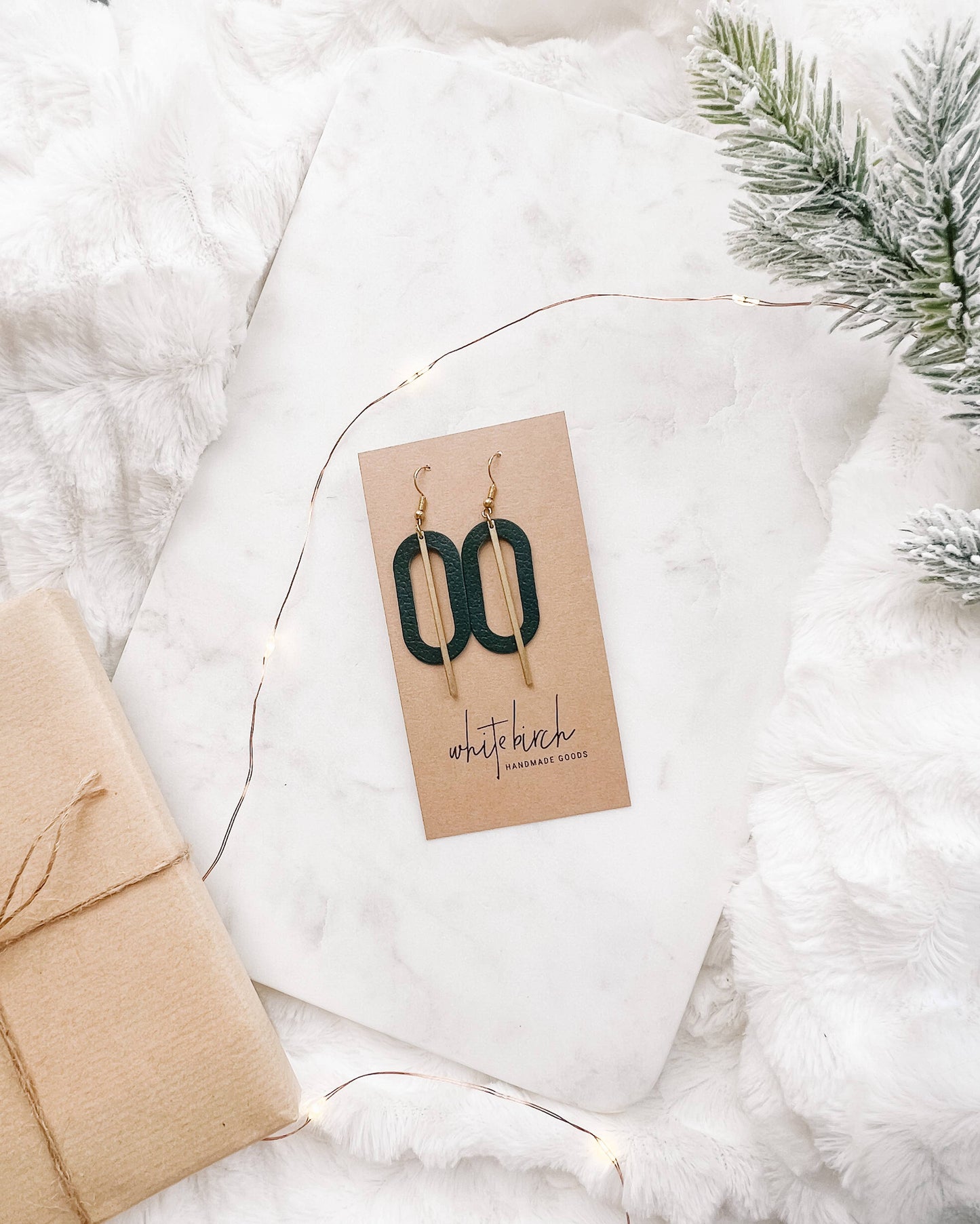 Dark Green Leather Oval & Brass Bar Geometric Earrings