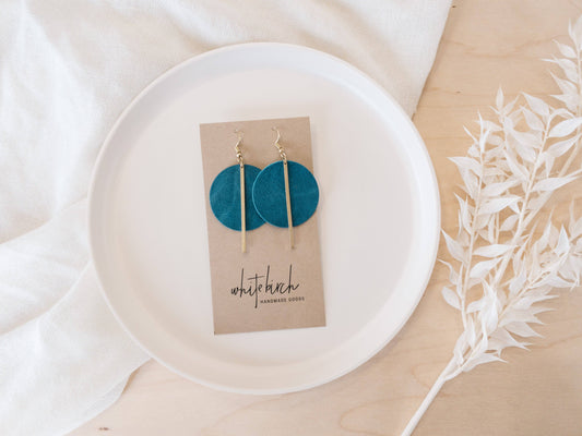 Teal Leather Disc and Brass Bar Earrings