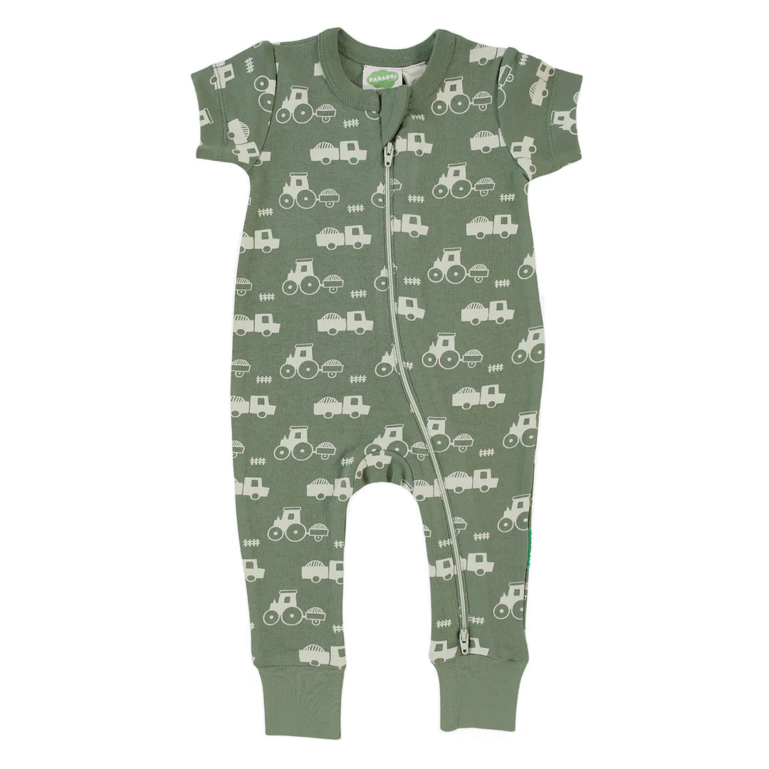 Short Sleeve Zip Romper - Tractors