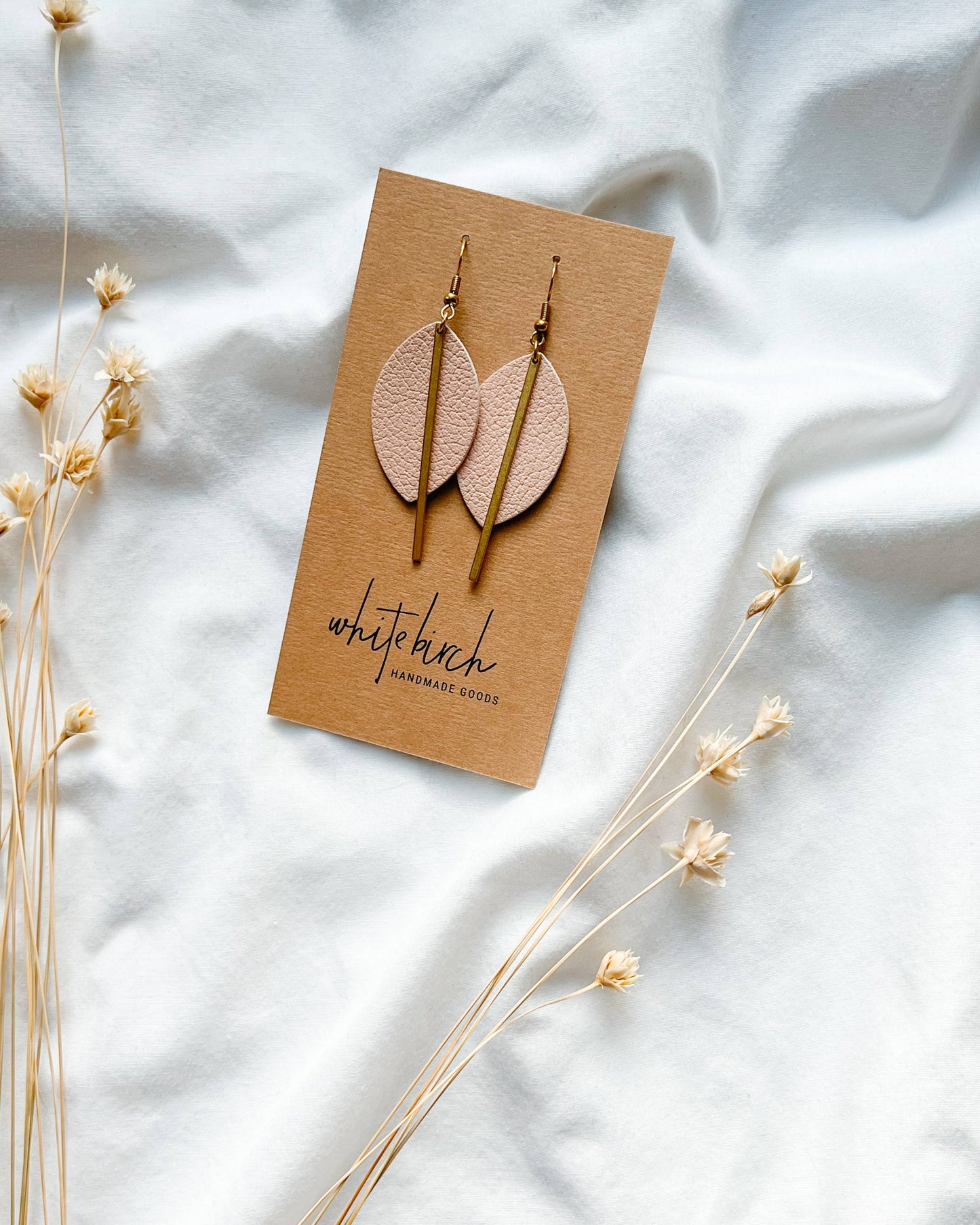 Blush Pink Petal Leather and Brass Bar Earrings