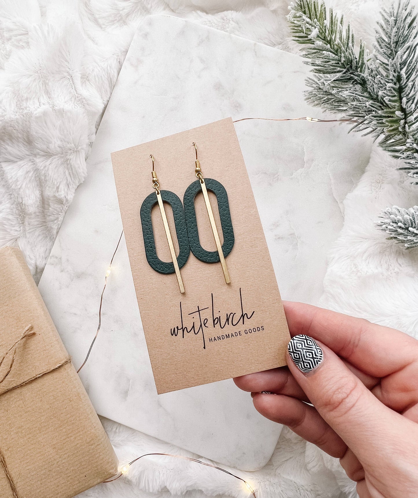 Dark Green Leather Oval & Brass Bar Geometric Earrings