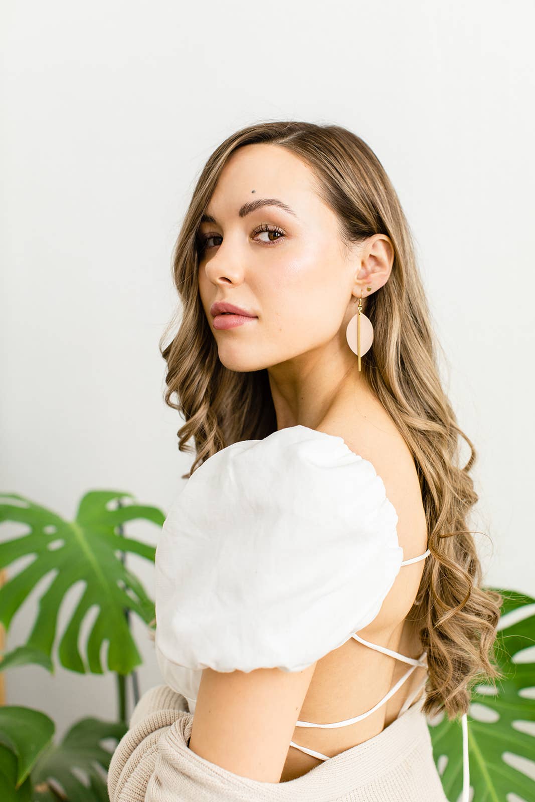 Blush Pink Petal Leather and Brass Bar Earrings