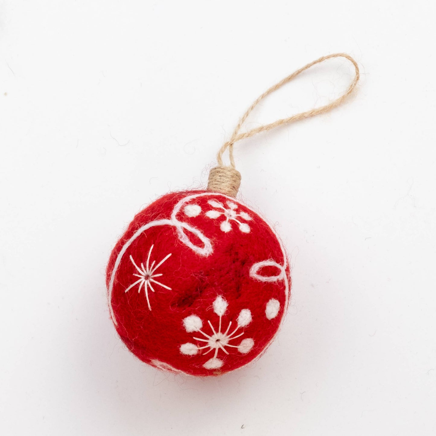 Ornament - Holiday Felt Ball Hand Embroidered - Red Assorted