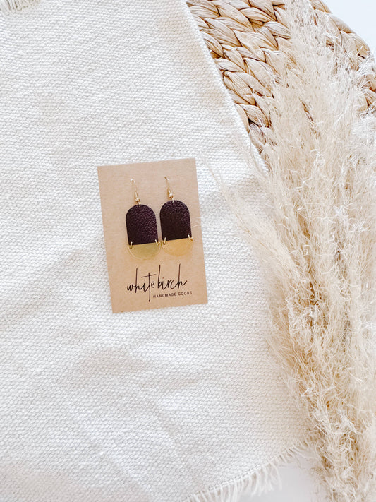 Dark Purple Leather & Mini Brass Half Moon Geometric Earring