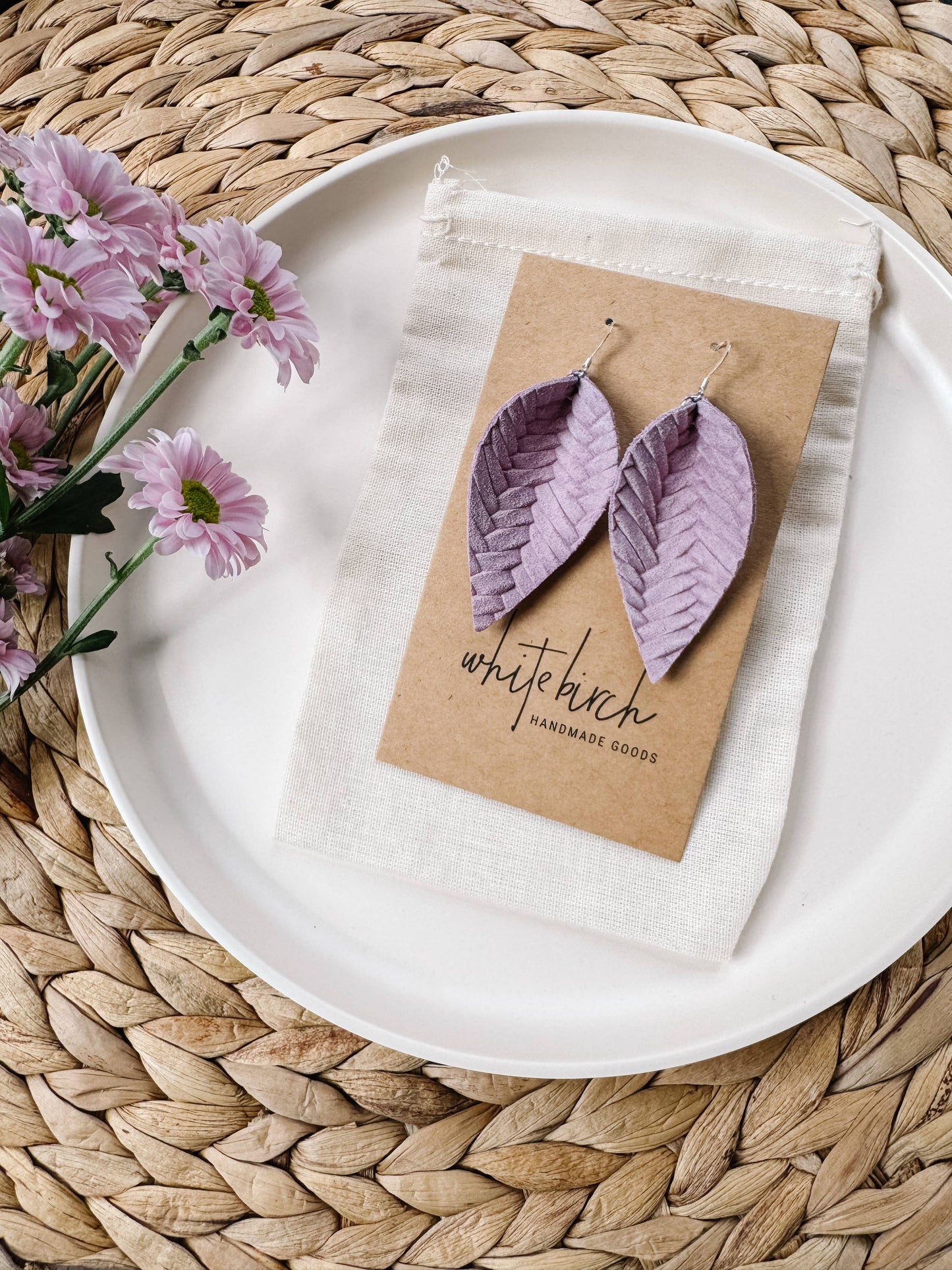 Orchid Braided Leather Leaf Earrings