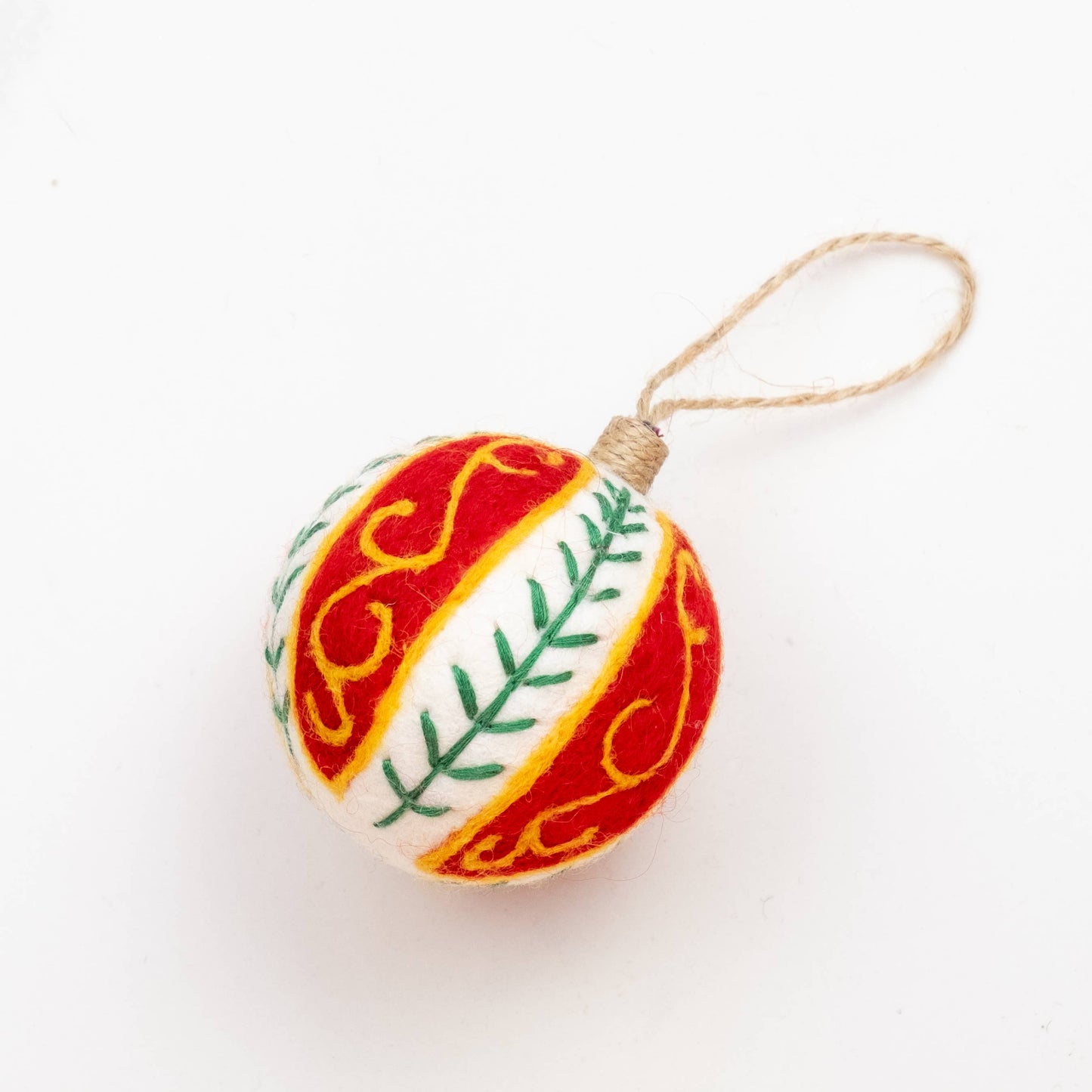 Ornament - Holiday Felt Ball Hand Embroidered - Red Assorted