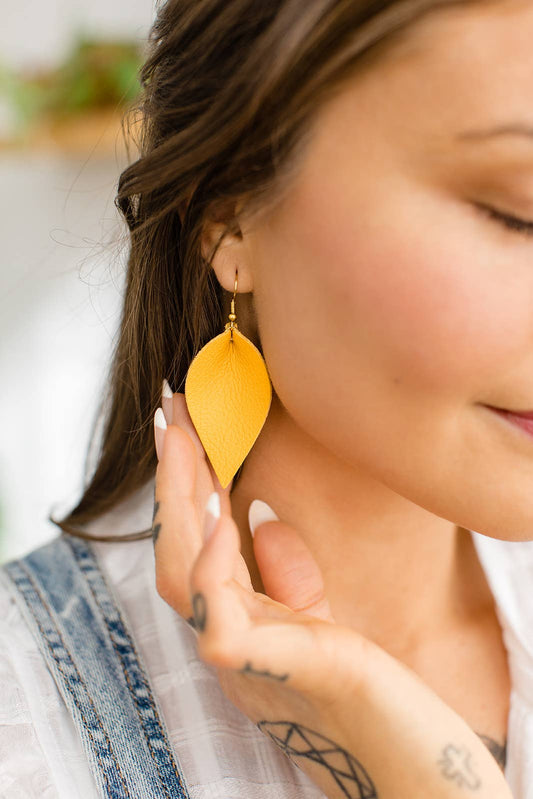 Mustard Yellow Leather Leaf Earrings