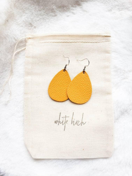 Mustard Yellow Leather Teardrop Earrings
