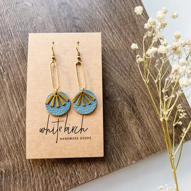 Blue Leather & Brass Sunburst Geometric Earrings