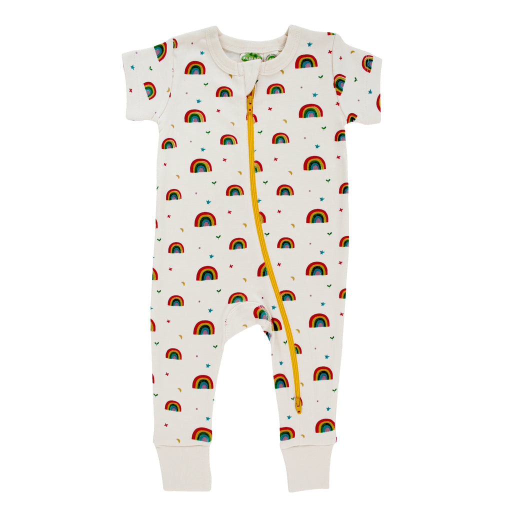 Short Sleeve Zip Romper - Rainbows