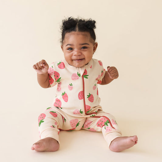 Short Sleeve Zip Romper - Strawberries