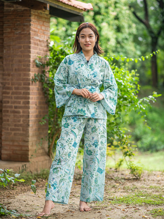 Printed Cotton Pajamas - Kerala Aqua