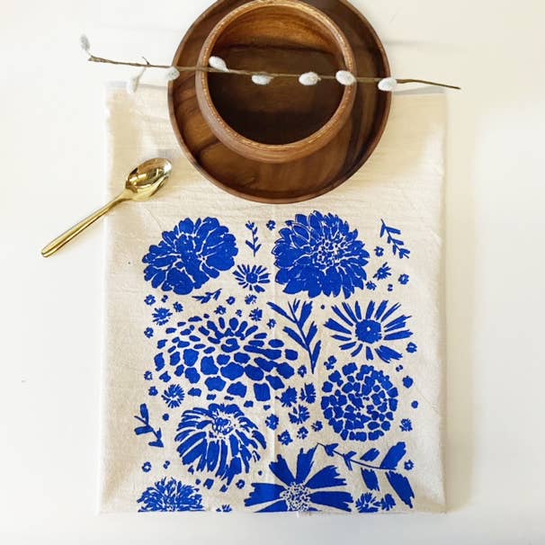 Flower Pattern Tea Towel - Blue